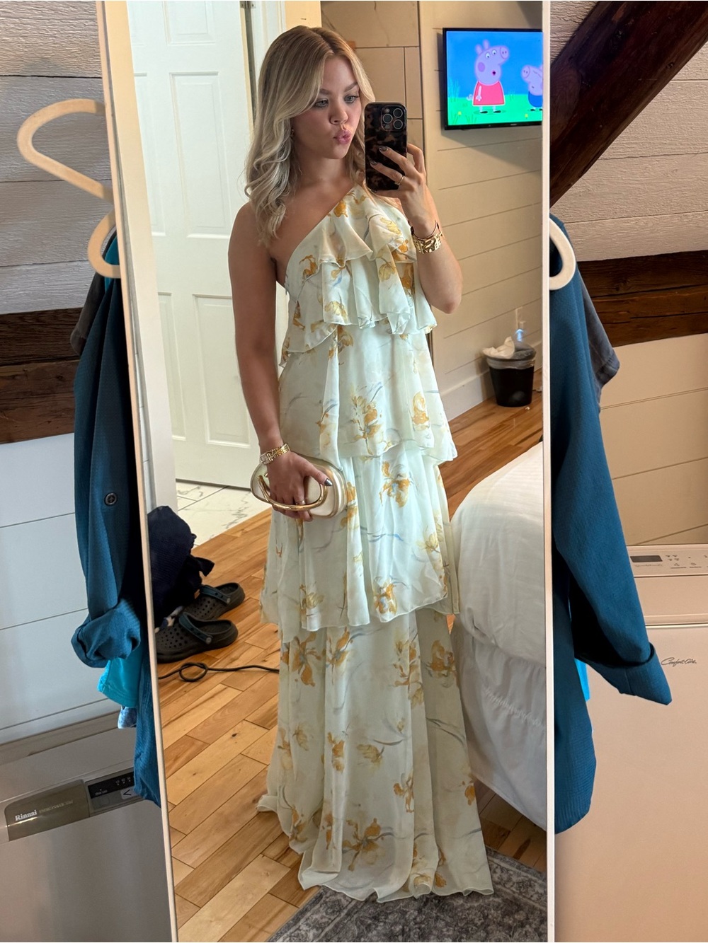 Women's Mint Green One-Shoulder Ruffle Maxi Dress with Floral Print
